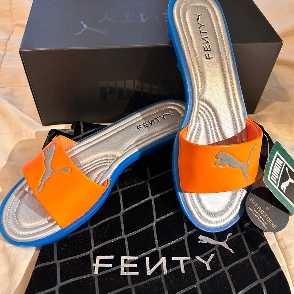 Puma Fenty Vibrant Orange and Blue Slides - Picture 1 of 5